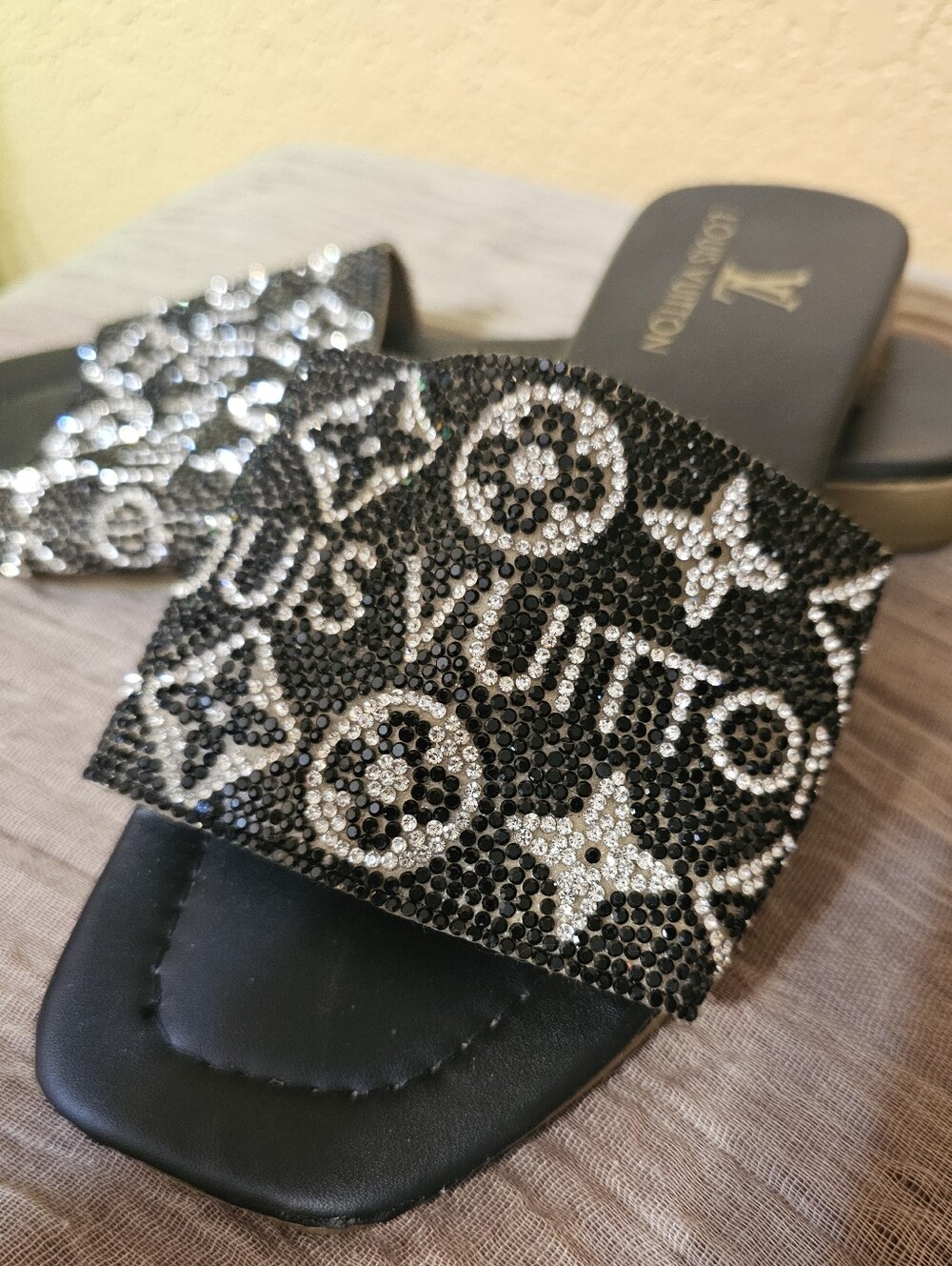 Black Crystal Slide Sandals with letters, size 6
